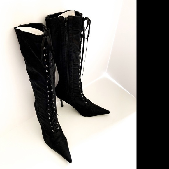 - Shoes - Black Satin Corset Lace-up Heeled Boots Sidezip 8